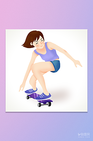 卡通手绘青年节玩滑板的少女插画