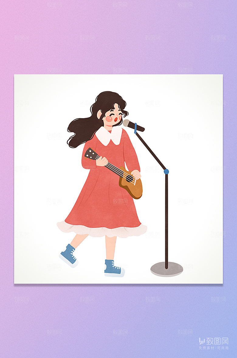 卡通吉它女孩音乐节插画元素