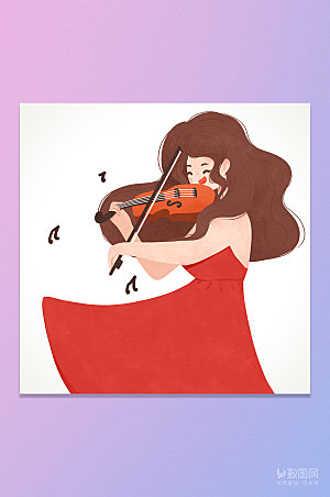 卡通小提琴女孩插画元素