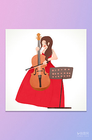 卡通大提琴女孩插画元素