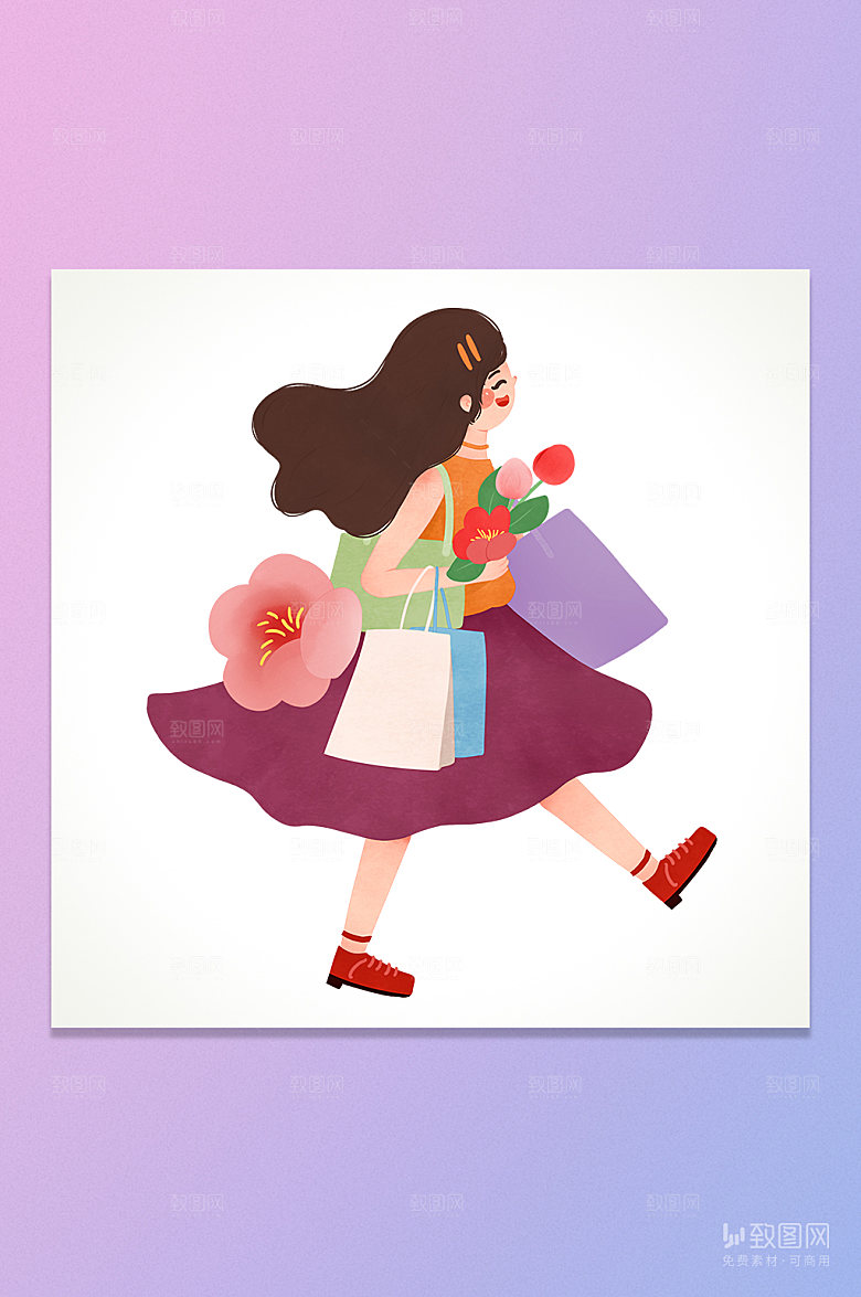 卡通购物女孩促销插画元素