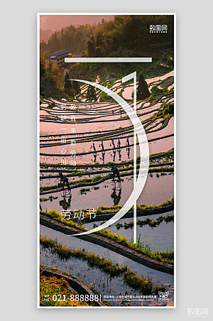 五一劳动节农田水稻摄影图手机海报