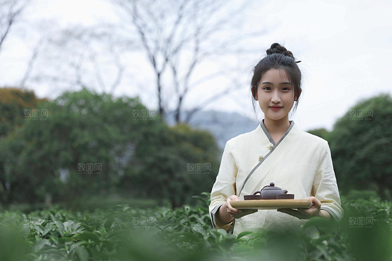 茶园女孩端茶摄影图