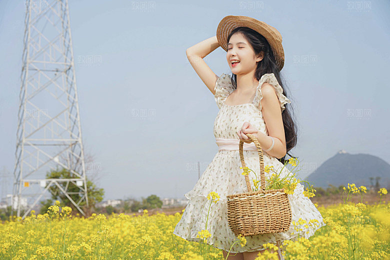 小清新踏春油菜花人像摄影图