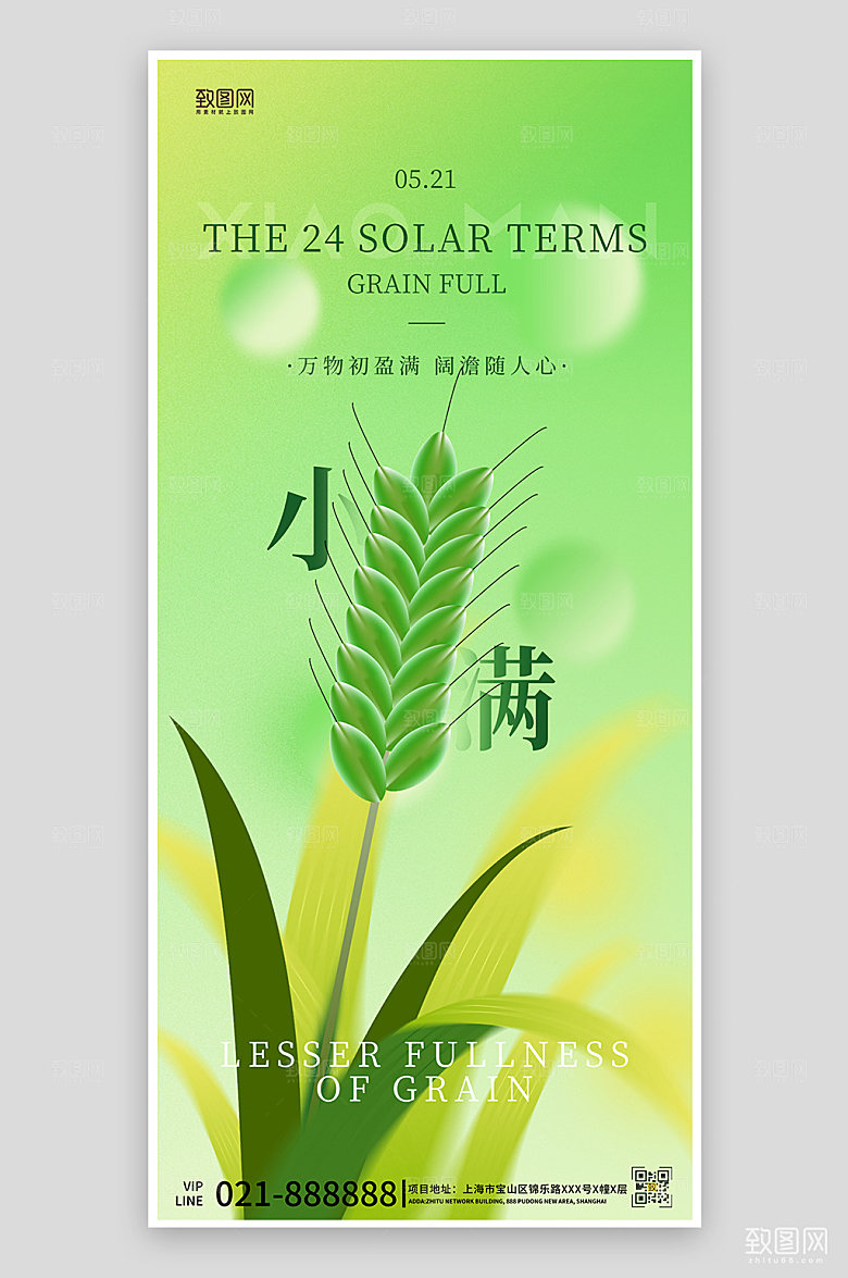 小满节气绿色渐变简约手机海报