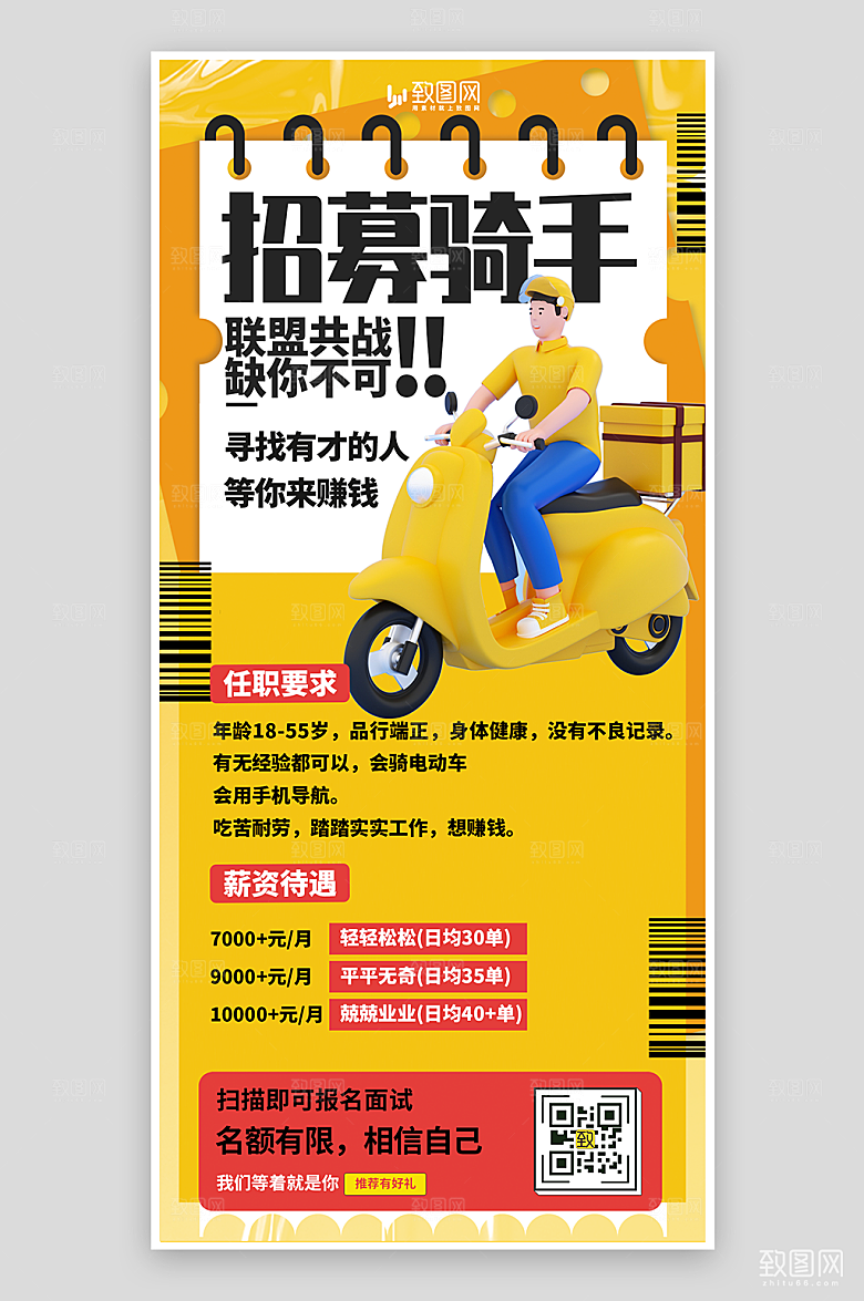 黄色外卖骑手招聘海报