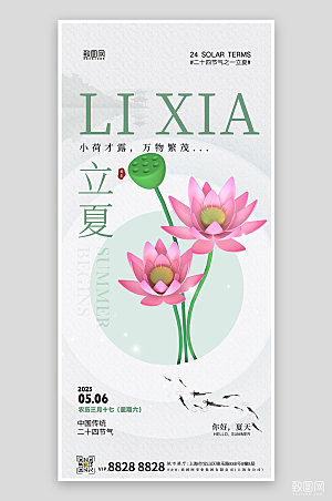 中国传统节气立夏荷花绿色简约手机海报