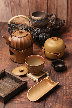 茶道茶具茶碗茶壶组合摄影图