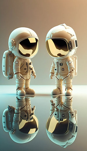 双人Q版宇航员镜面形象插画