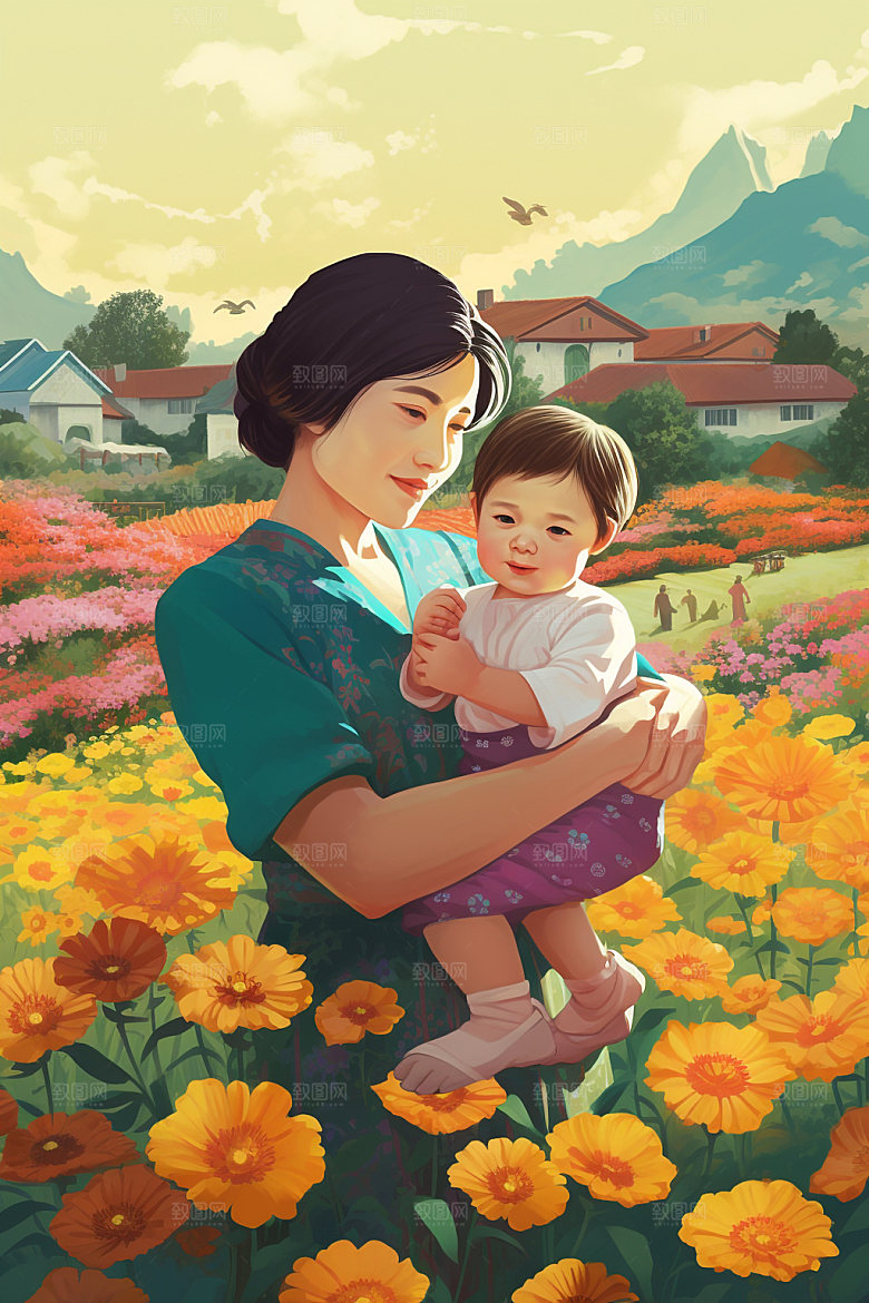 母亲节母子亲情温馨插画