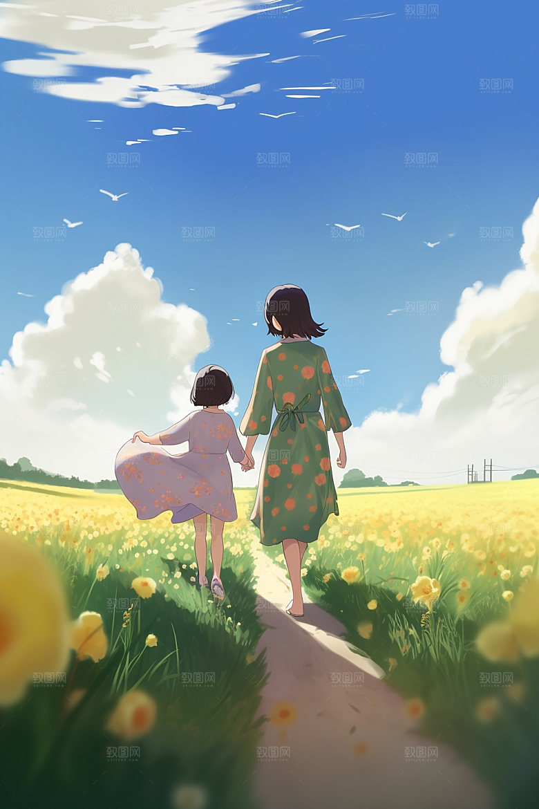母亲节母子亲情温馨插画