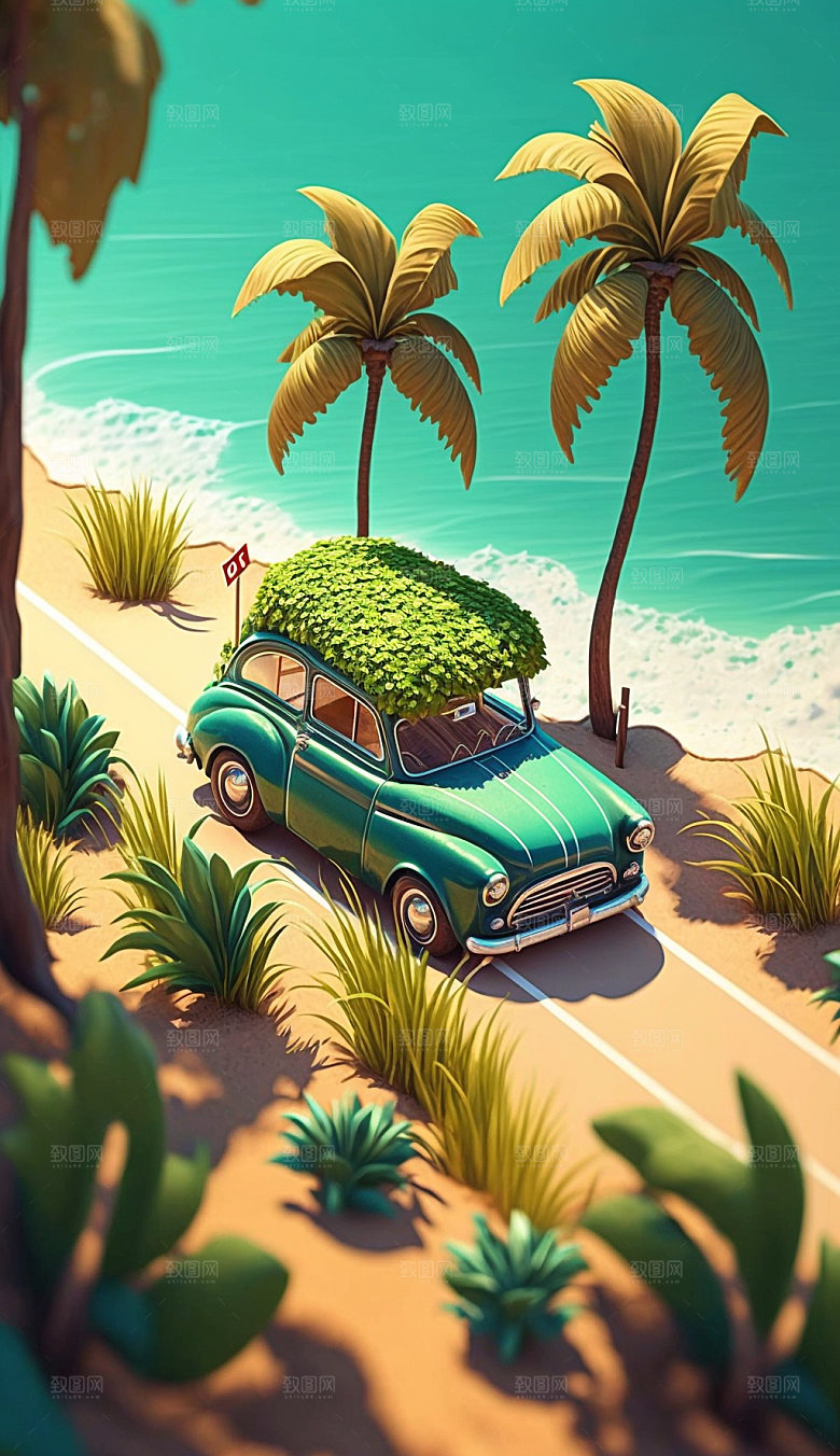 户外旅行汽车自驾游3D模型插画