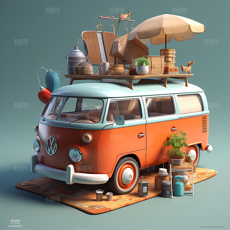 旅游户外自驾游汽车3D插画