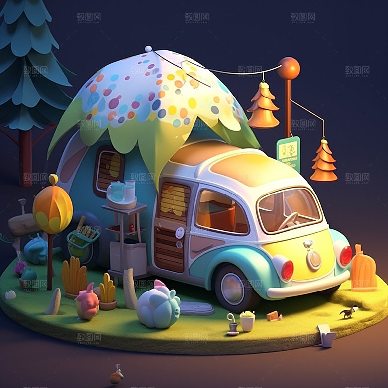 汽车户外森林郊游3D立体插画