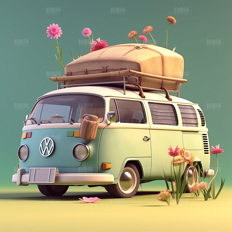 汽车旅行户外自然模型插画