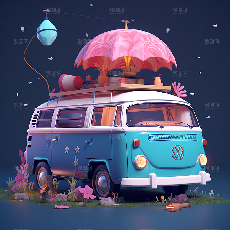汽车旅行户外自然模型插画