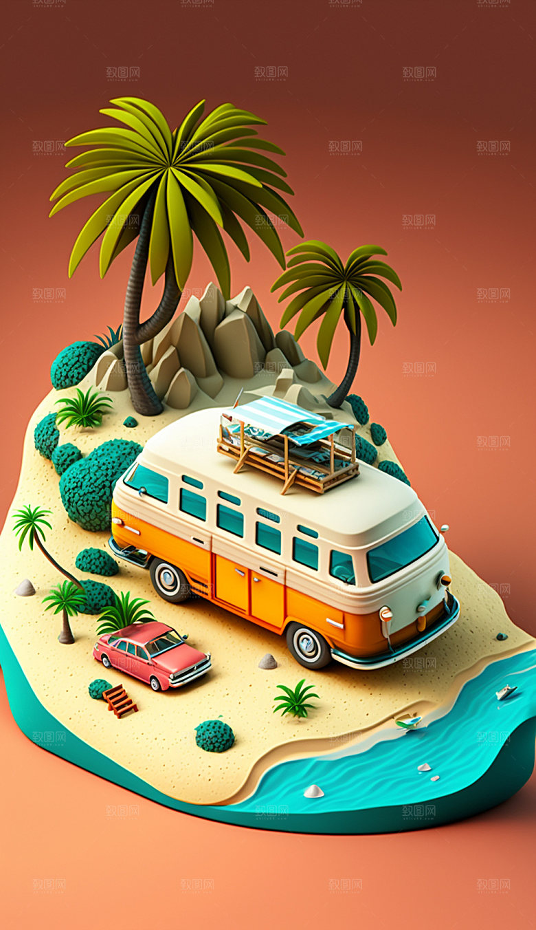 汽车旅行户外自然模型插画