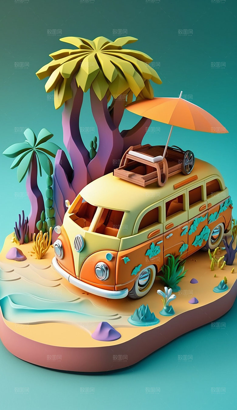 汽车户外郊游3D立体插画