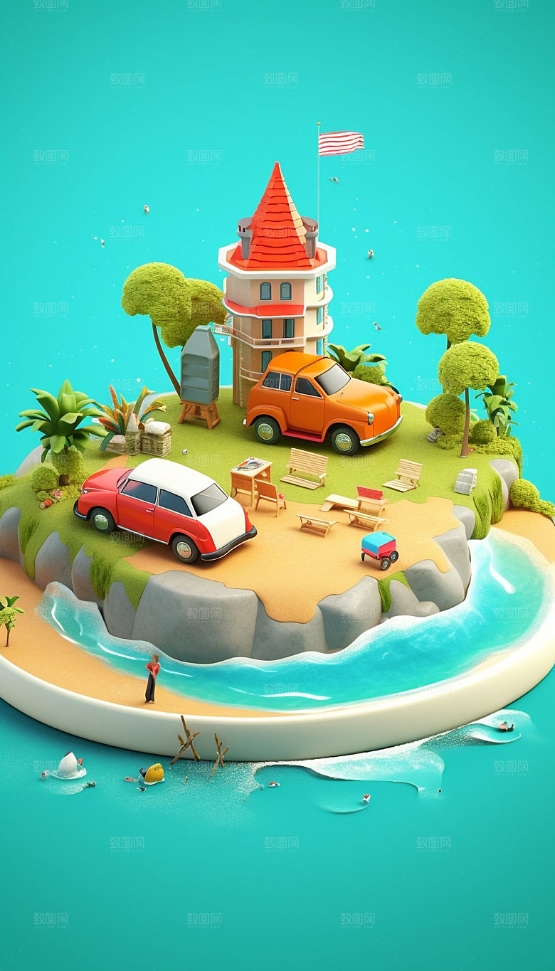 旅游旅行自驾户外郊游汽车模型插画