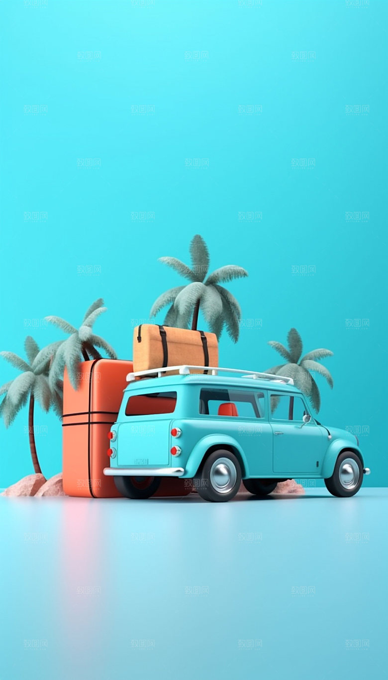 3D汽车自驾游模型户外旅游插画