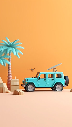 3D汽车自驾游模型户外旅游插画