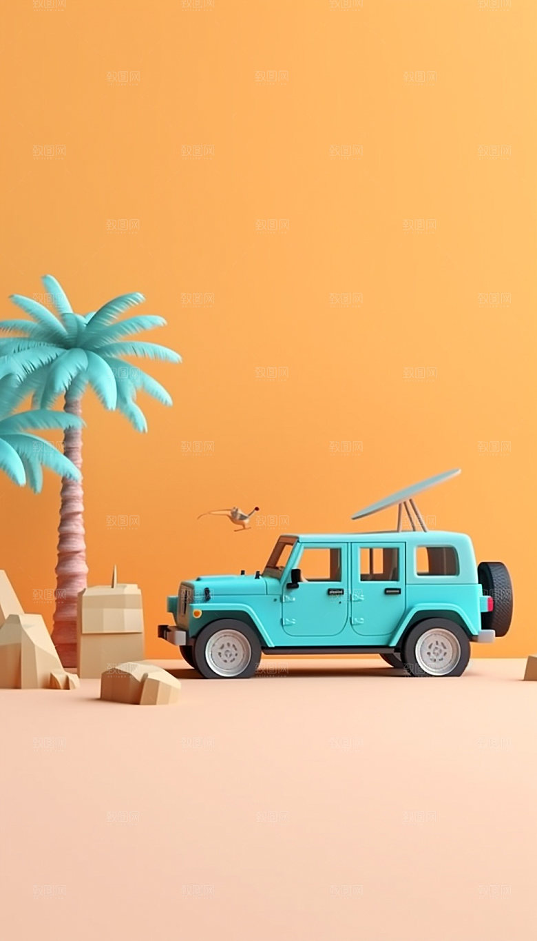 3D汽车自驾游模型户外旅游插画