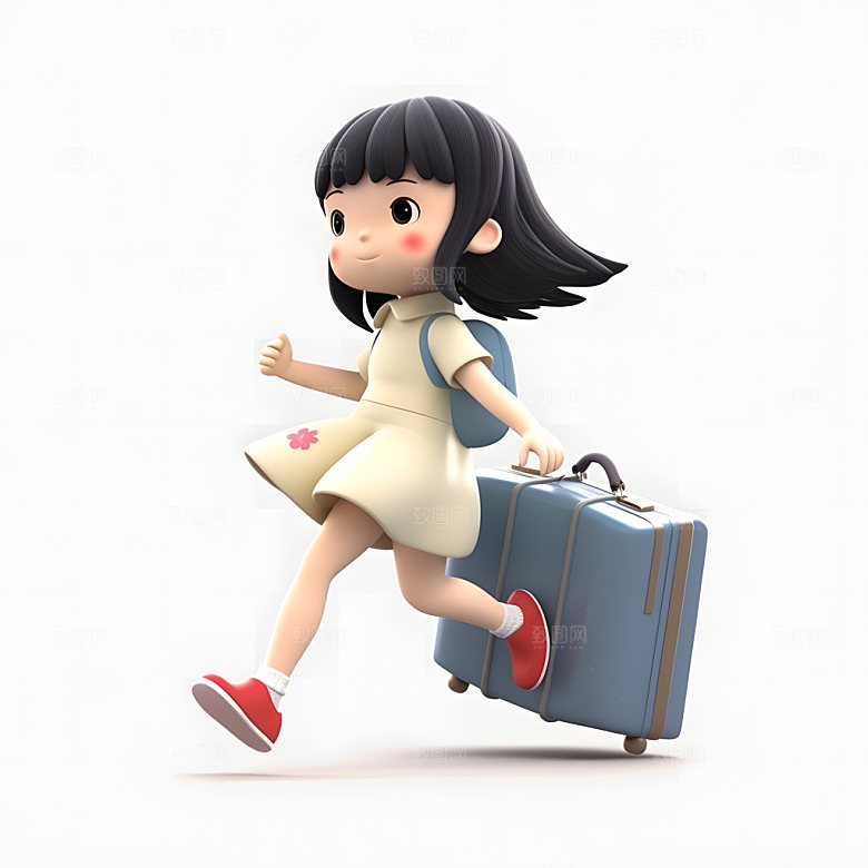 女孩拖行李箱旅行3D人物模型