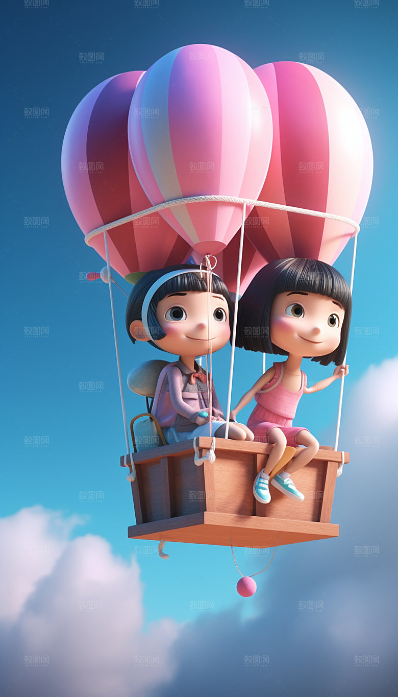 儿童可爱热气球旅行3D模型