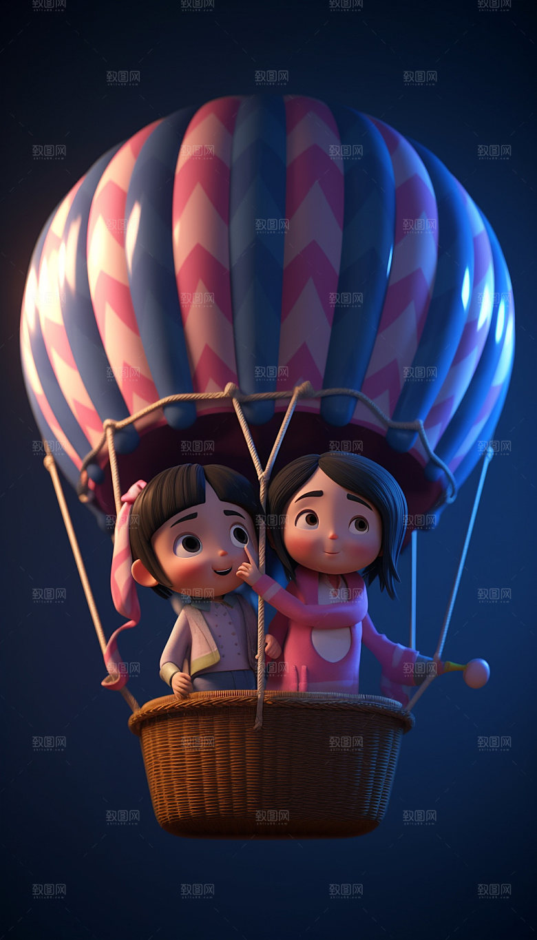 儿童可爱热气球旅行3D模型