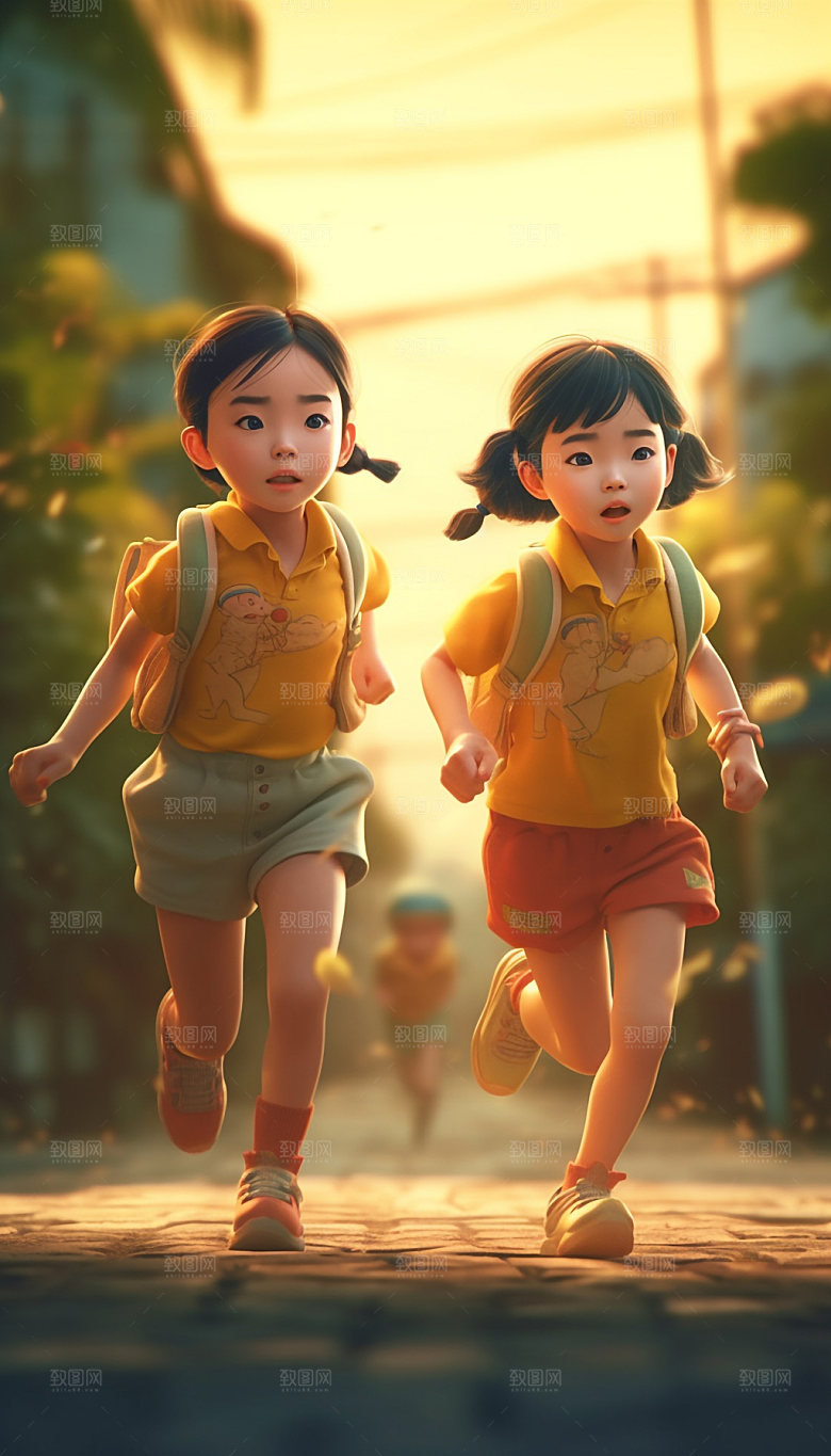 儿童背书包上学卡通3D模型
