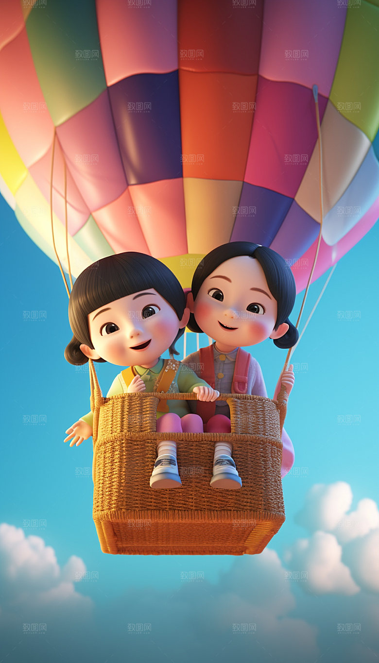 儿童可爱热气球旅行3D模型