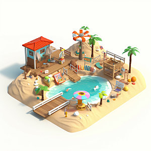 旅行度假海边休闲旅游3D模型插画