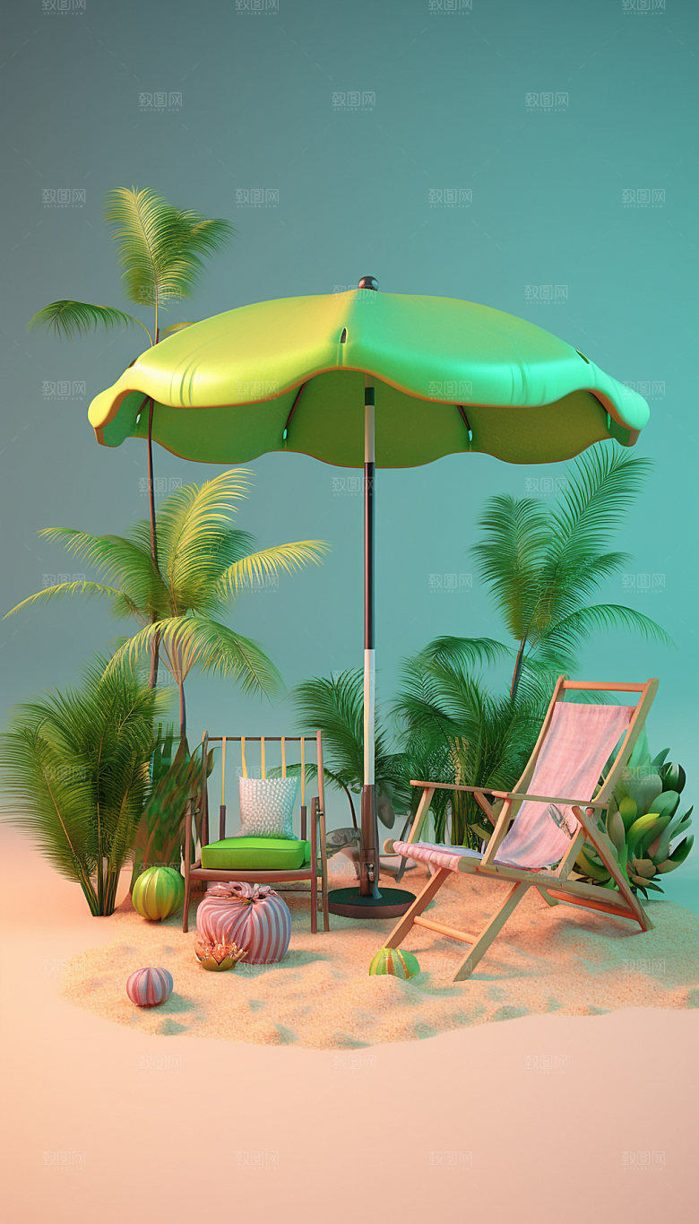 旅行度假海边休闲旅游3D模型插画