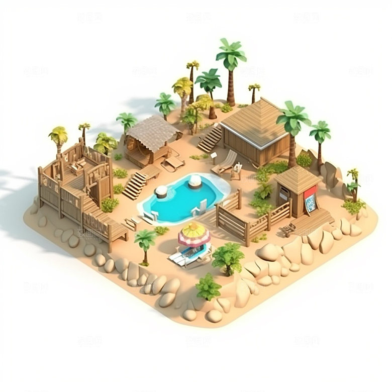 旅行度假海边休闲旅游3D模型插画