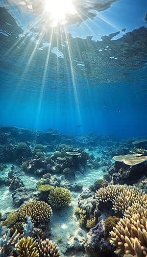 蓝色海洋珊瑚礁鱼群自然风景图