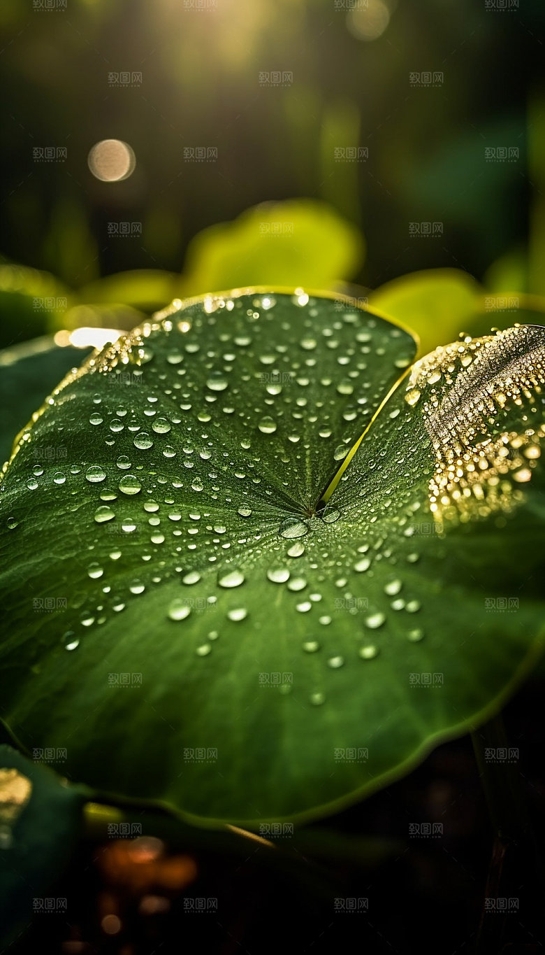 荷叶露水特写摄影图