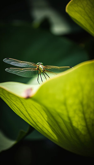 夏日蜻蜓荷叶摄影图
