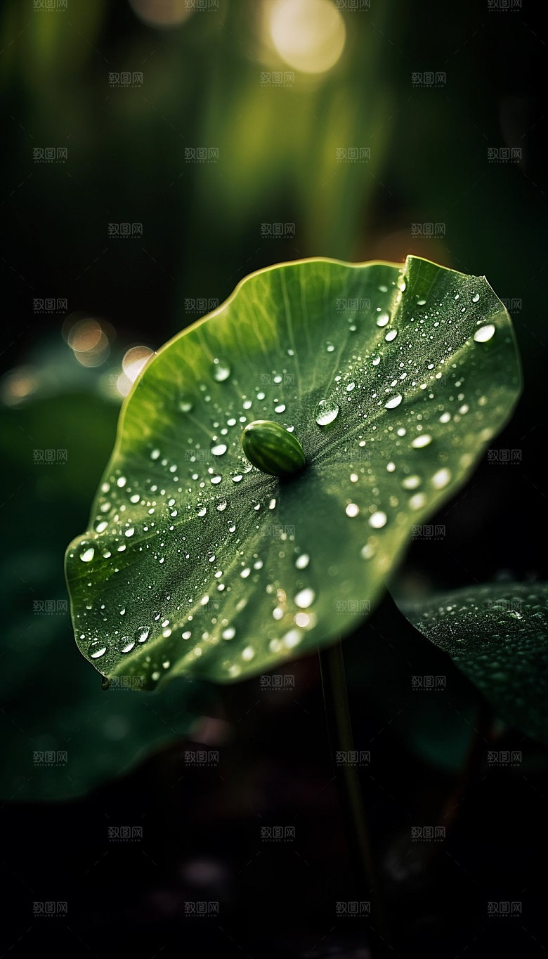 荷叶露水特写摄影图