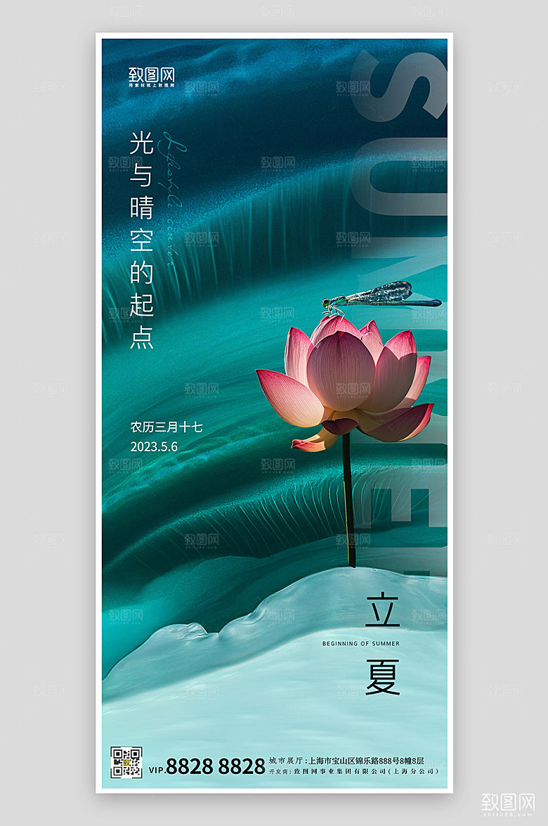 传统节气立夏荷花简约手机海报