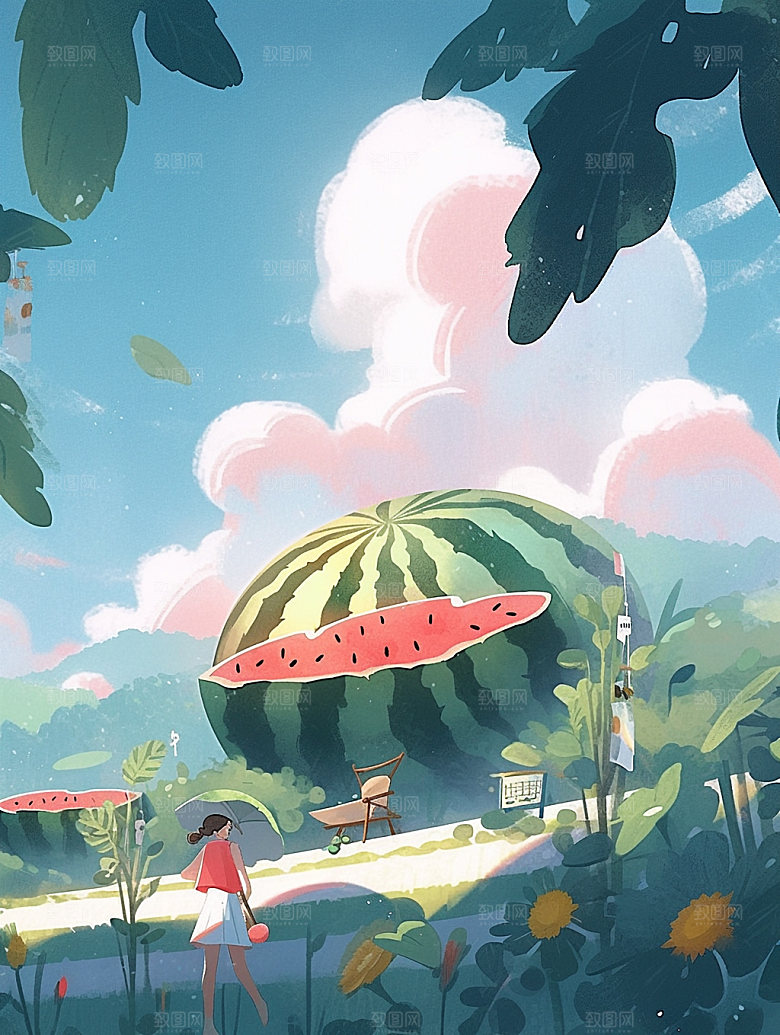 夏日西瓜幻想手绘插画
