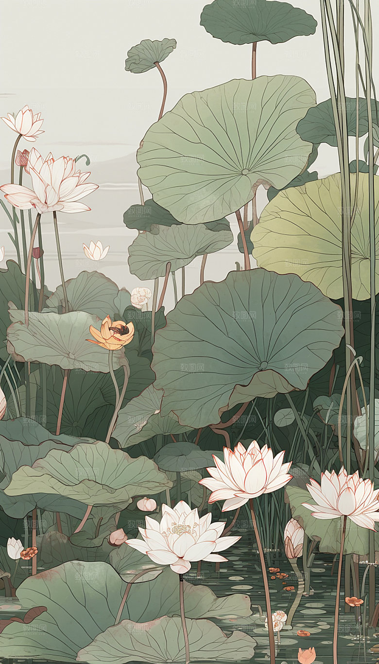 夏日清新荷塘风光手绘插画