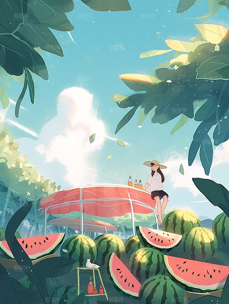 夏日西瓜幻想手绘插画