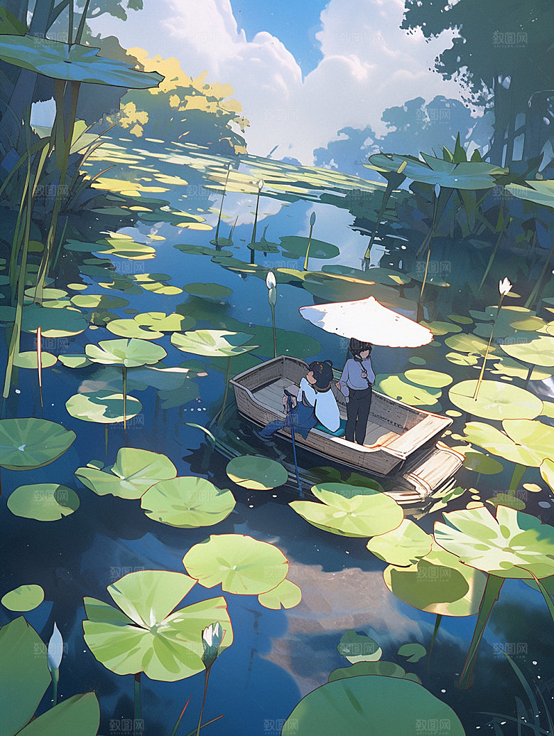 夏日荷塘泛舟手绘插画