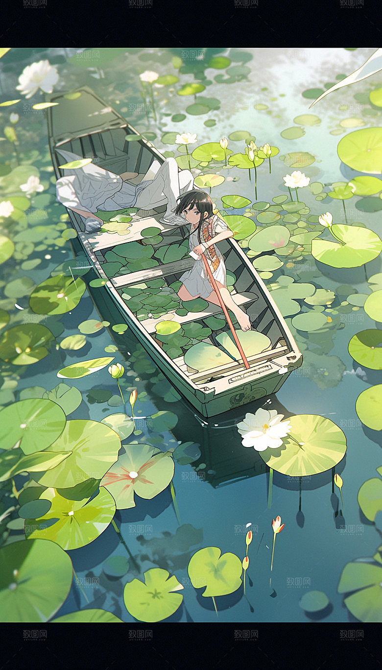 夏日荷塘泛舟手绘插画