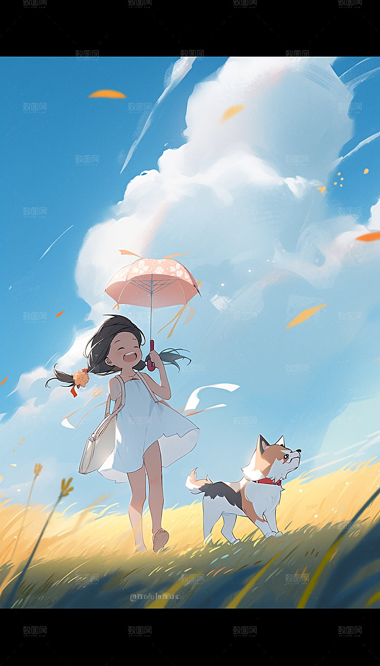 夏天起风了蓝天草地女孩手绘插画