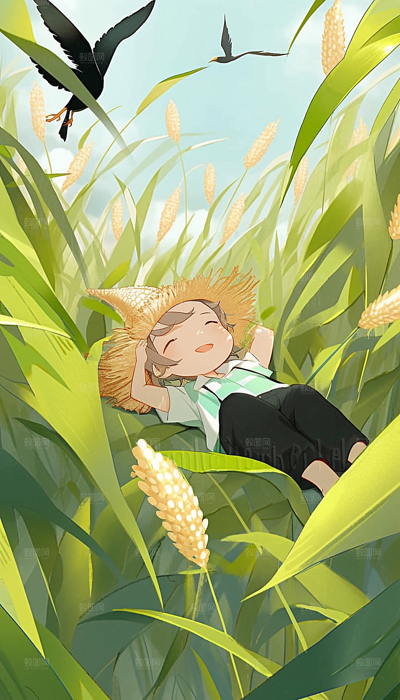 夏日麦田儿童手绘插画