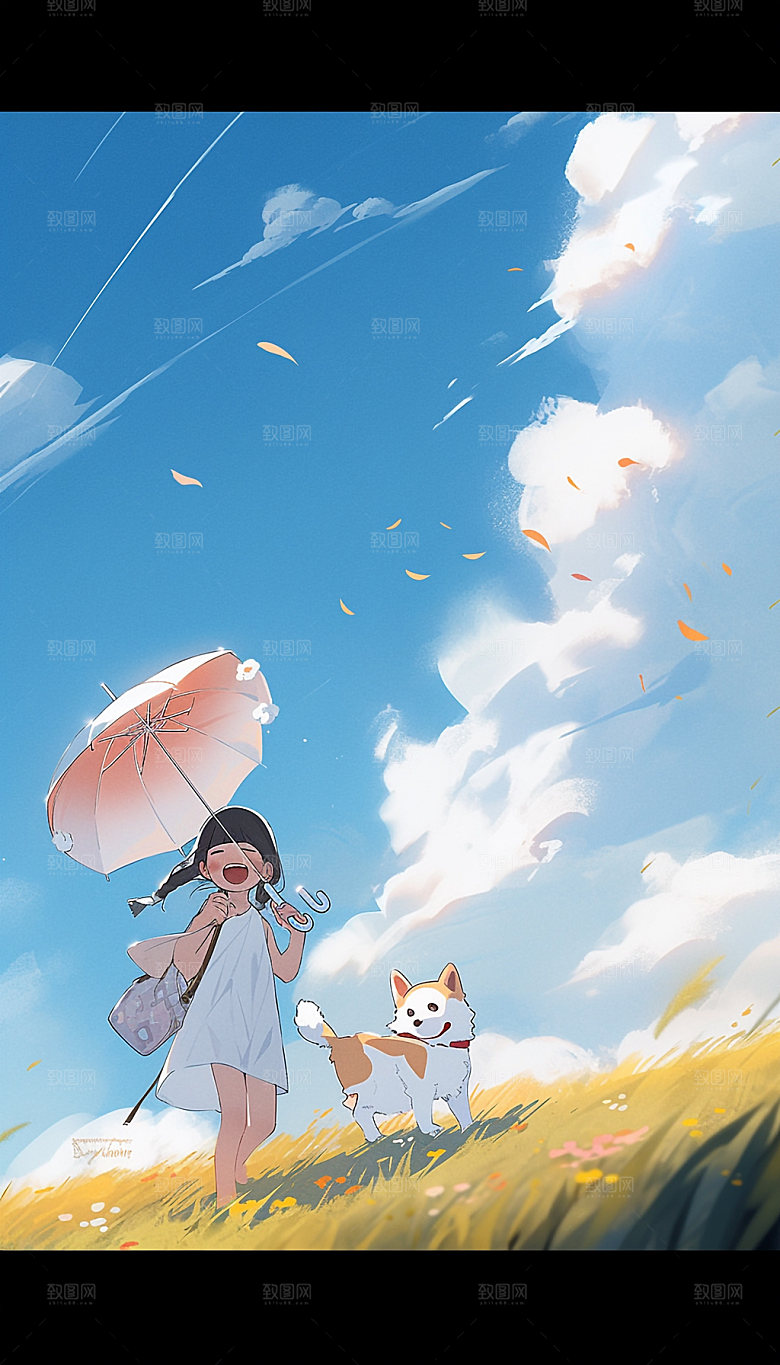 夏天起风了蓝天草地女孩手绘插画