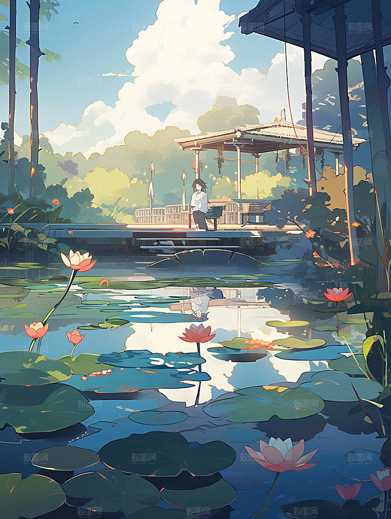 夏日清新荷塘风光手绘插画