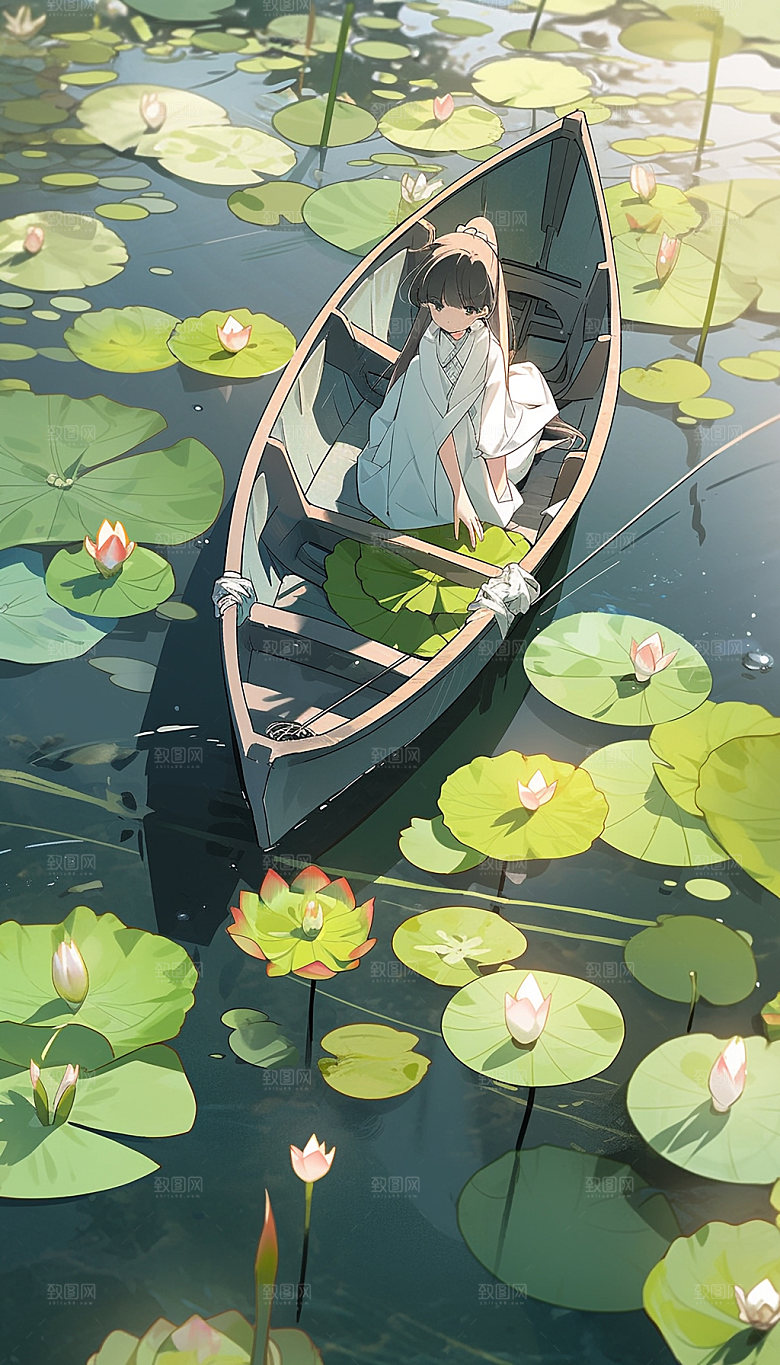 夏日荷塘泛舟手绘插画