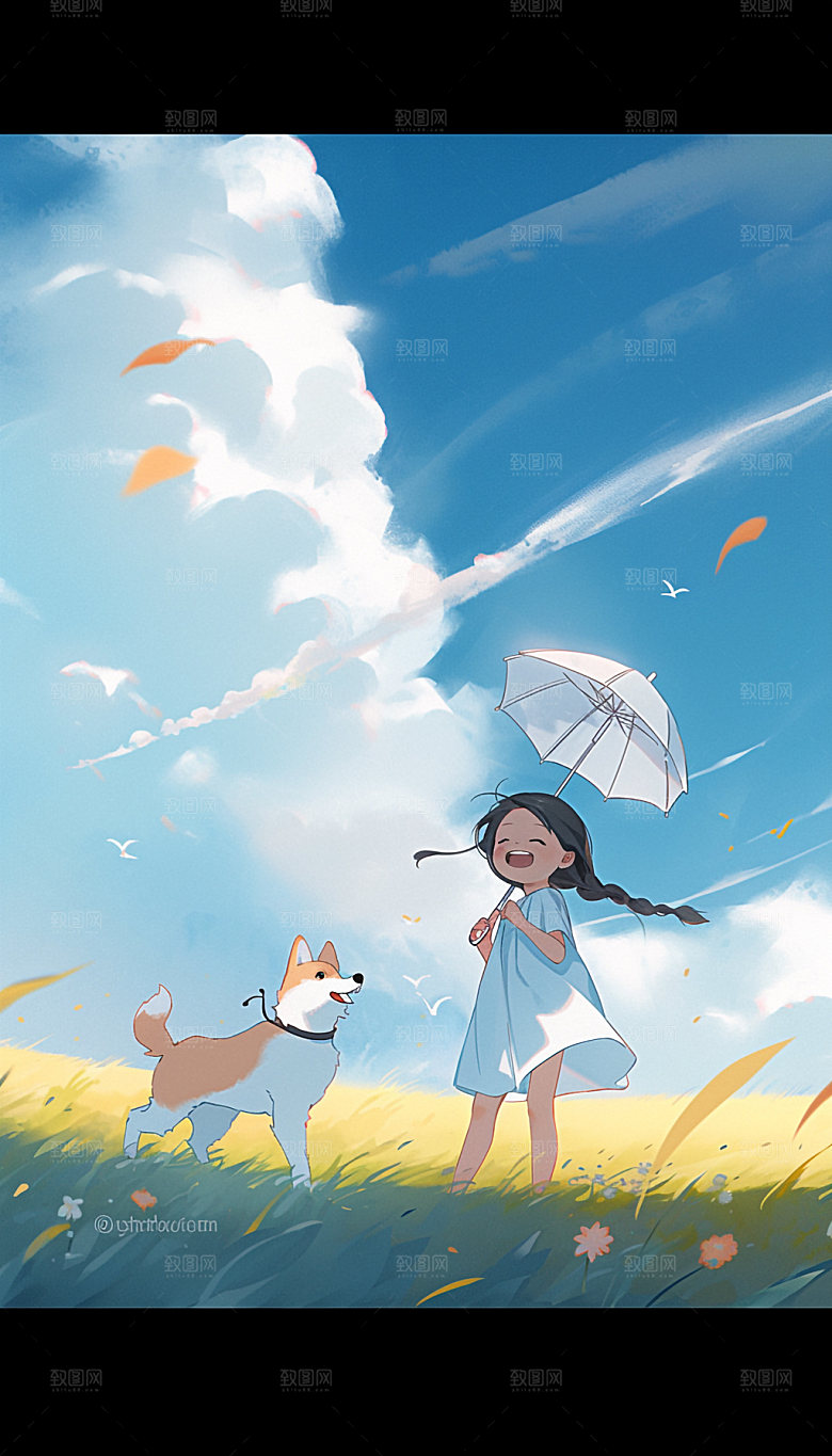 夏天起风了蓝天草地女孩手绘插画
